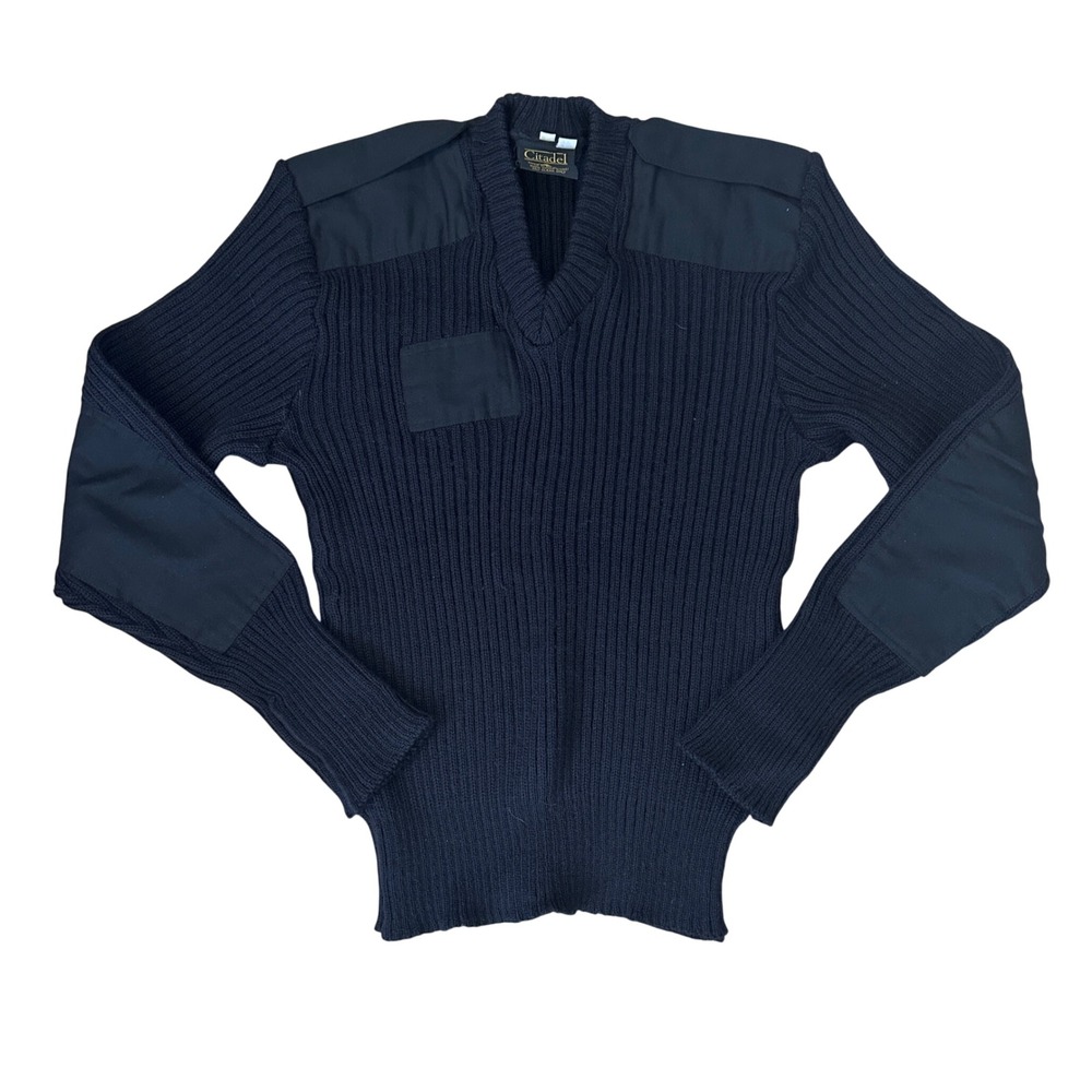 Citadel‎ VNeck Virgin Wool SweaterBlack Ribbed PatchShouldersElbows Men 44Medium